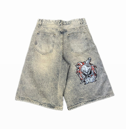 Strlb69 Ultra Jorts – Acid Wash Grey with Skull Patch