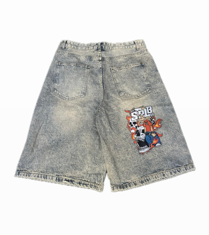Strlb69 Ultra Jorts – Acid Wash Grey with Skull Patch