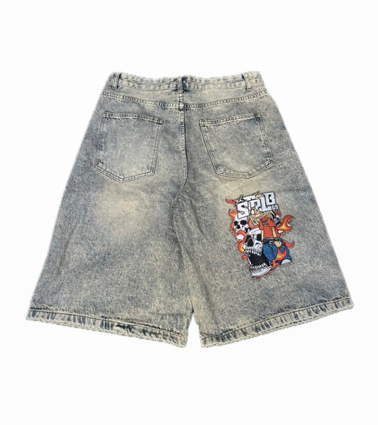 Strlb69 Ultra Jorts – Acid Wash Grey with Skull Patch