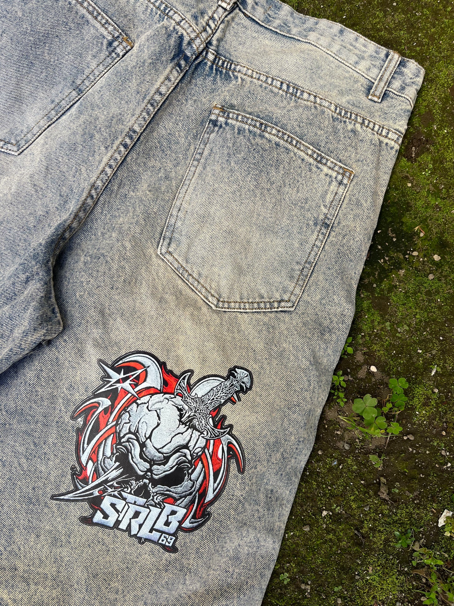 Strlb69 Ultra Jorts – Acid Wash Grey with Skull Patch