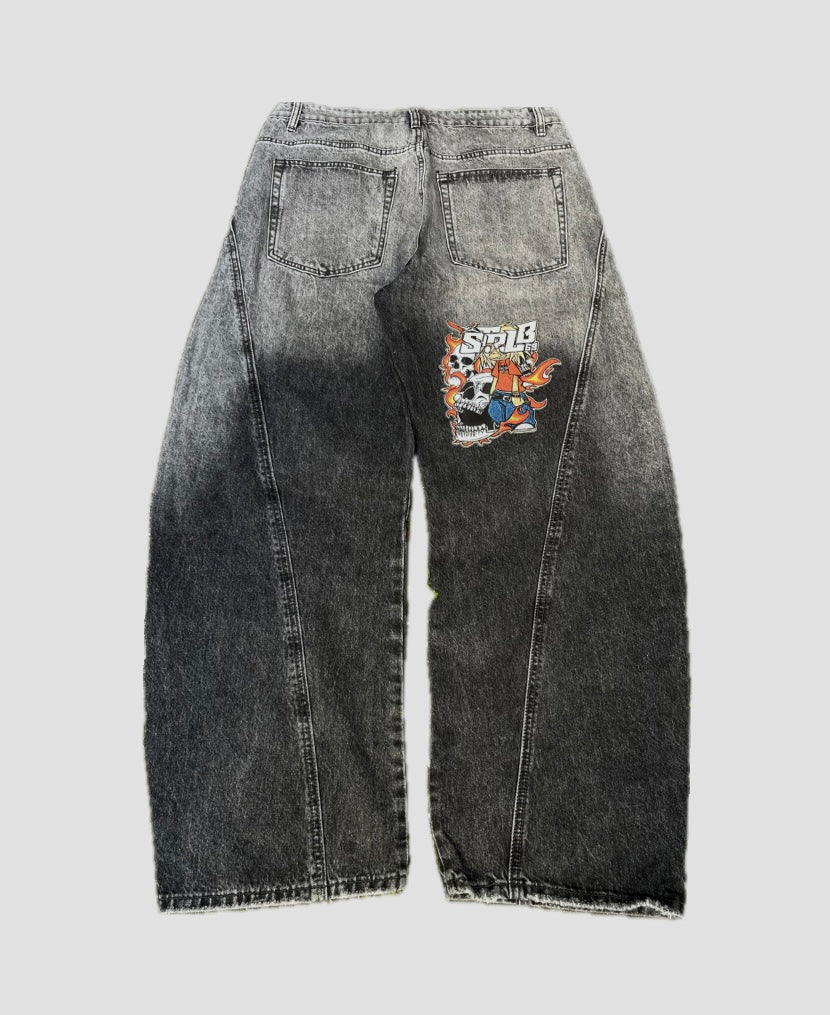 Strlb69 Spiked Skull Mega Ballon Baggy Denim – Acid Wash Grey to Black Gradient