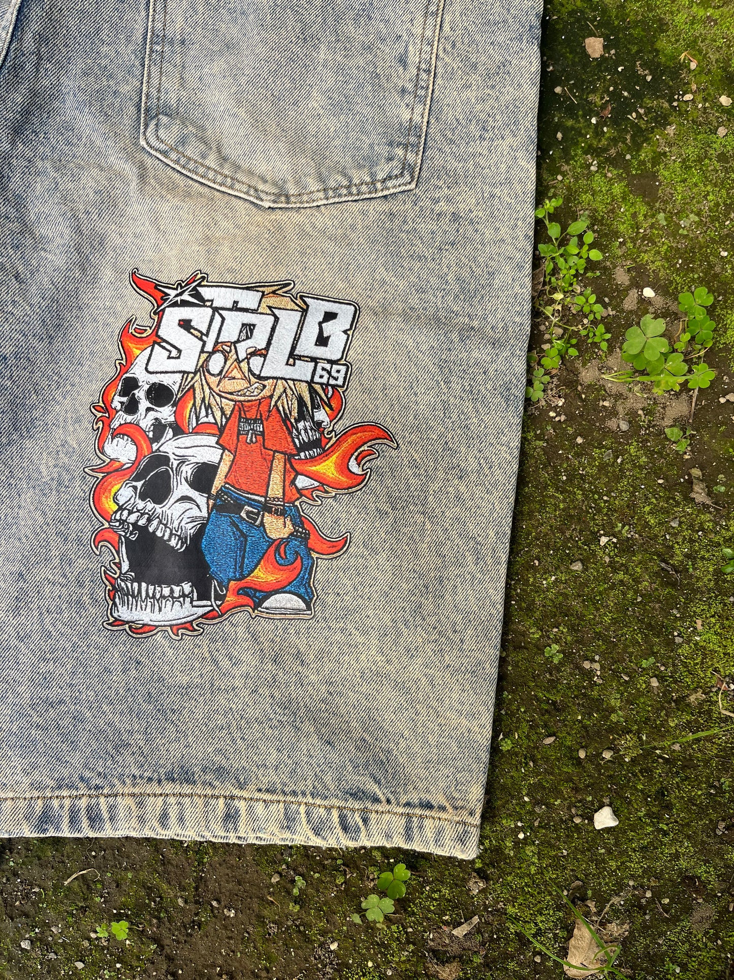 Strlb69 Ultra Jorts – Acid Wash Grey with Skull Patch