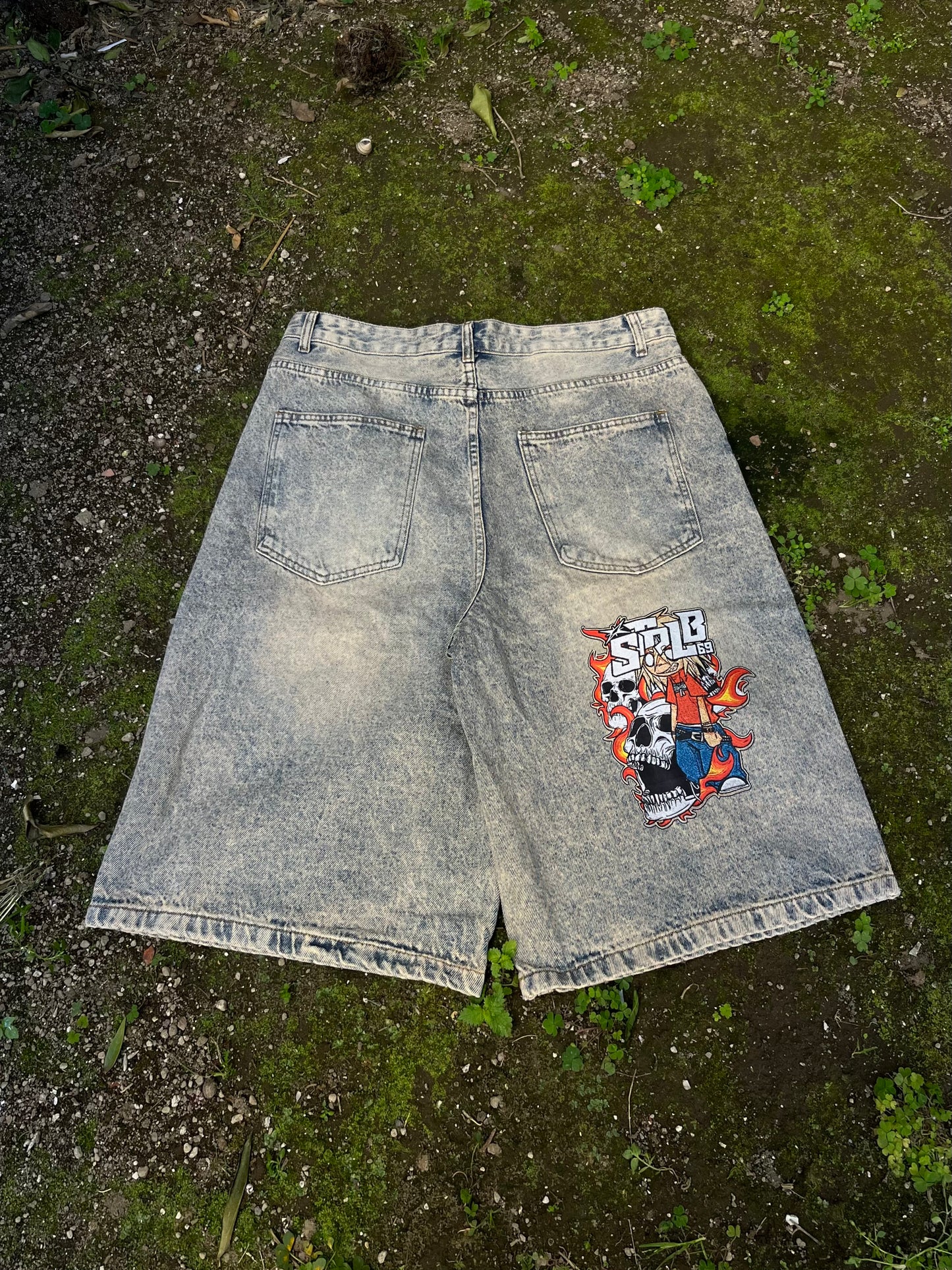 Strlb69 Ultra Jorts – Acid Wash Grey with Skull Patch
