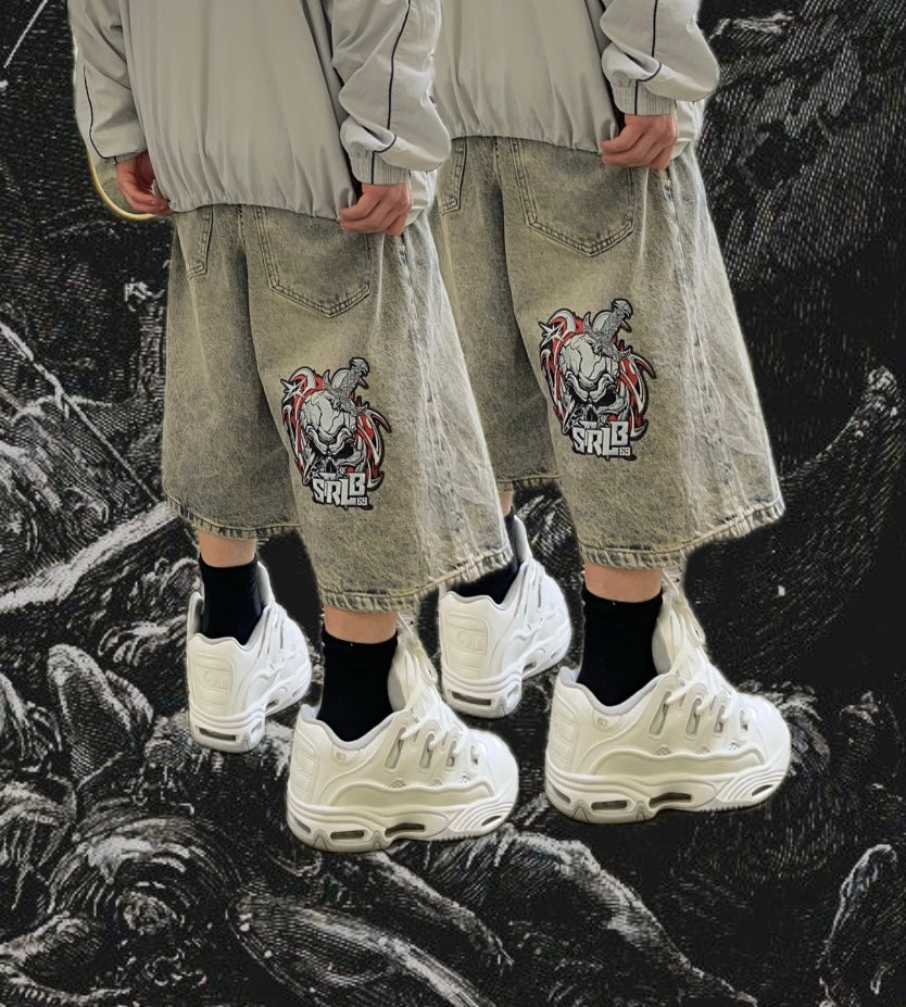 Strlb69 Ultra Jorts – Acid Wash Grey with Skull Patch