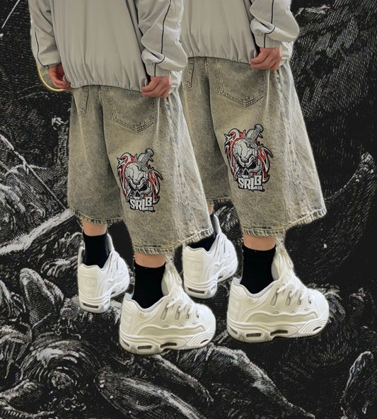 Strlb69 Ultra Jorts – Acid Wash Grey with Skull Patch