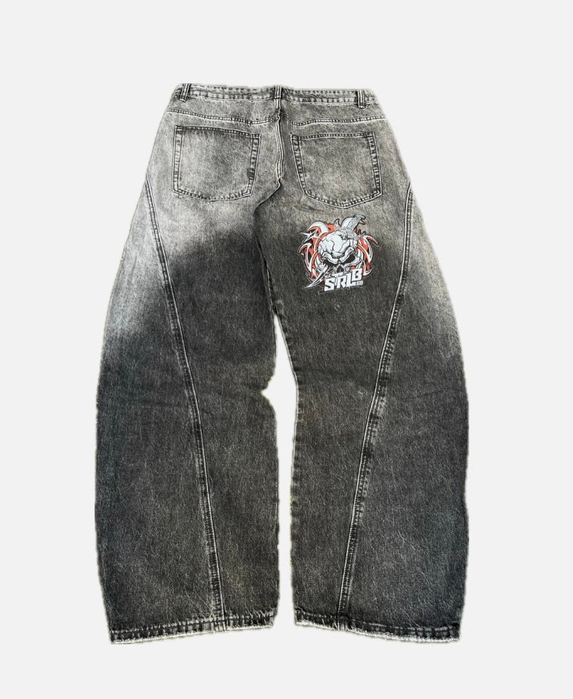 Strlb69 Spiked Skull Mega Ballon Baggy Denim – Acid Wash Grey to Black Gradient