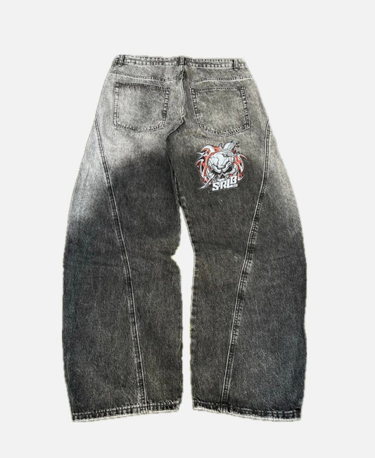 Strlb69 Spiked Skull Mega Ballon Baggy Denim – Acid Wash Grey to Black Gradient