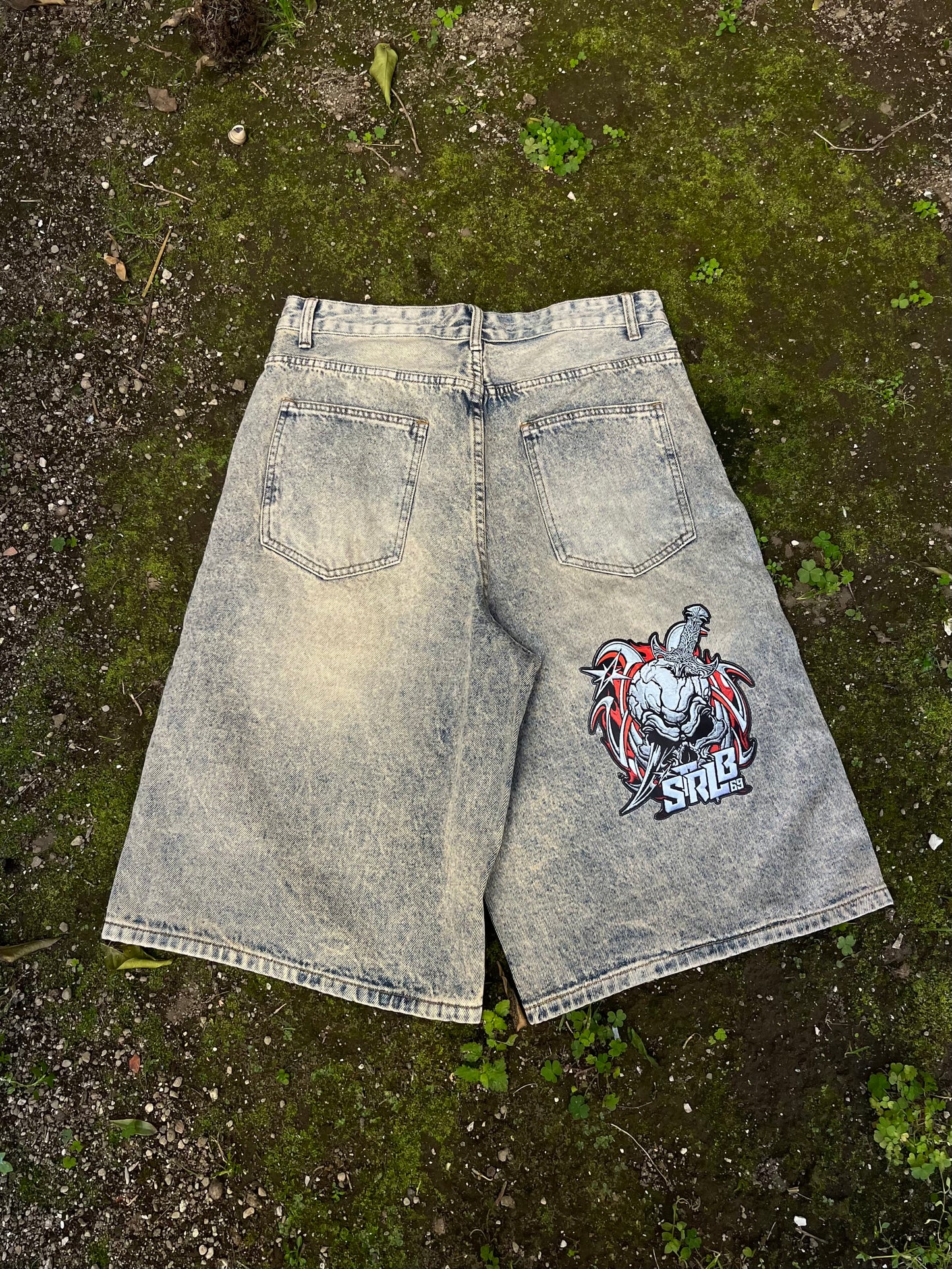 Strlb69 Ultra Jorts – Acid Wash Grey with Skull Patch