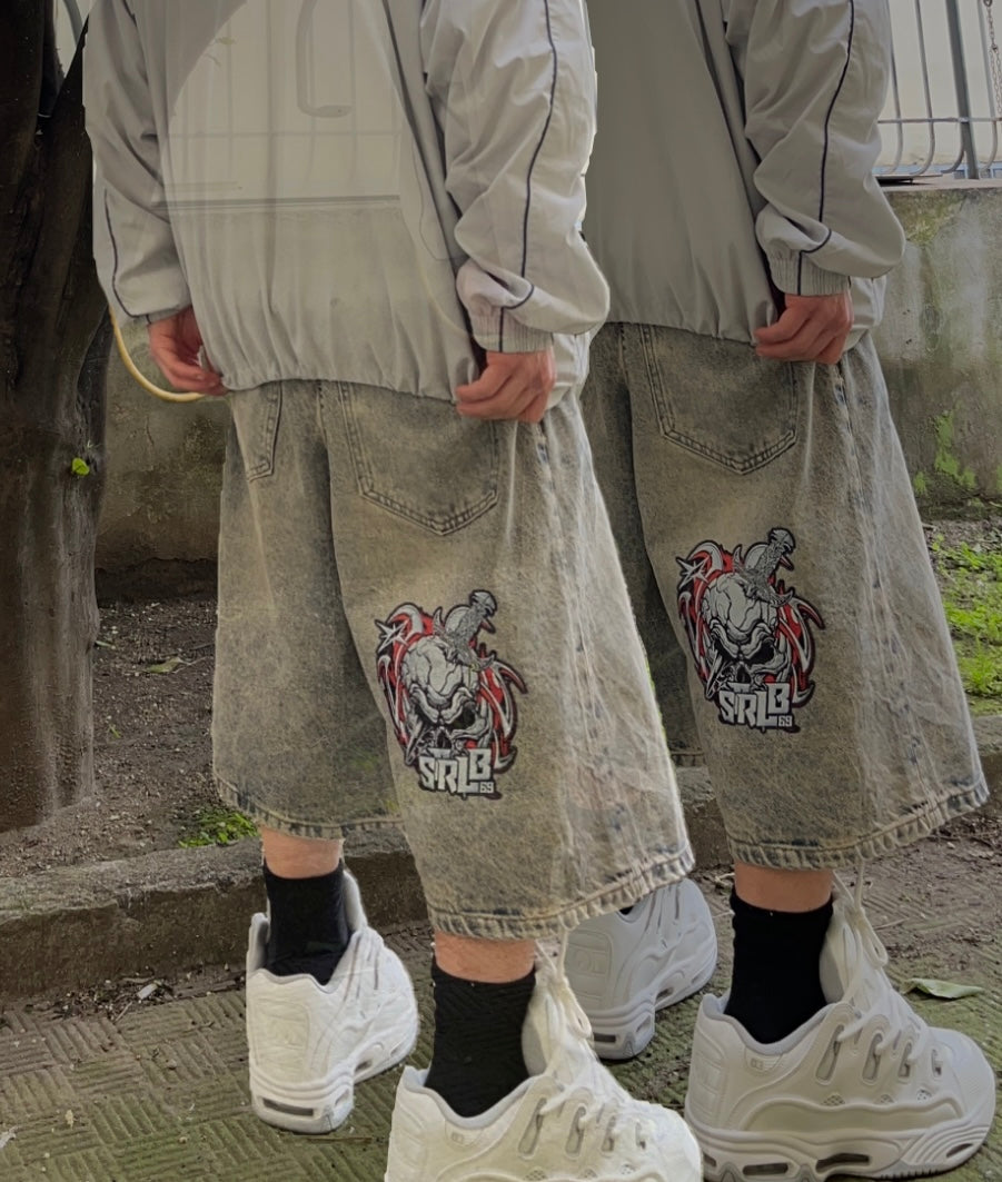 Strlb69 Ultra Jorts – Acid Wash Grey with Skull Patch