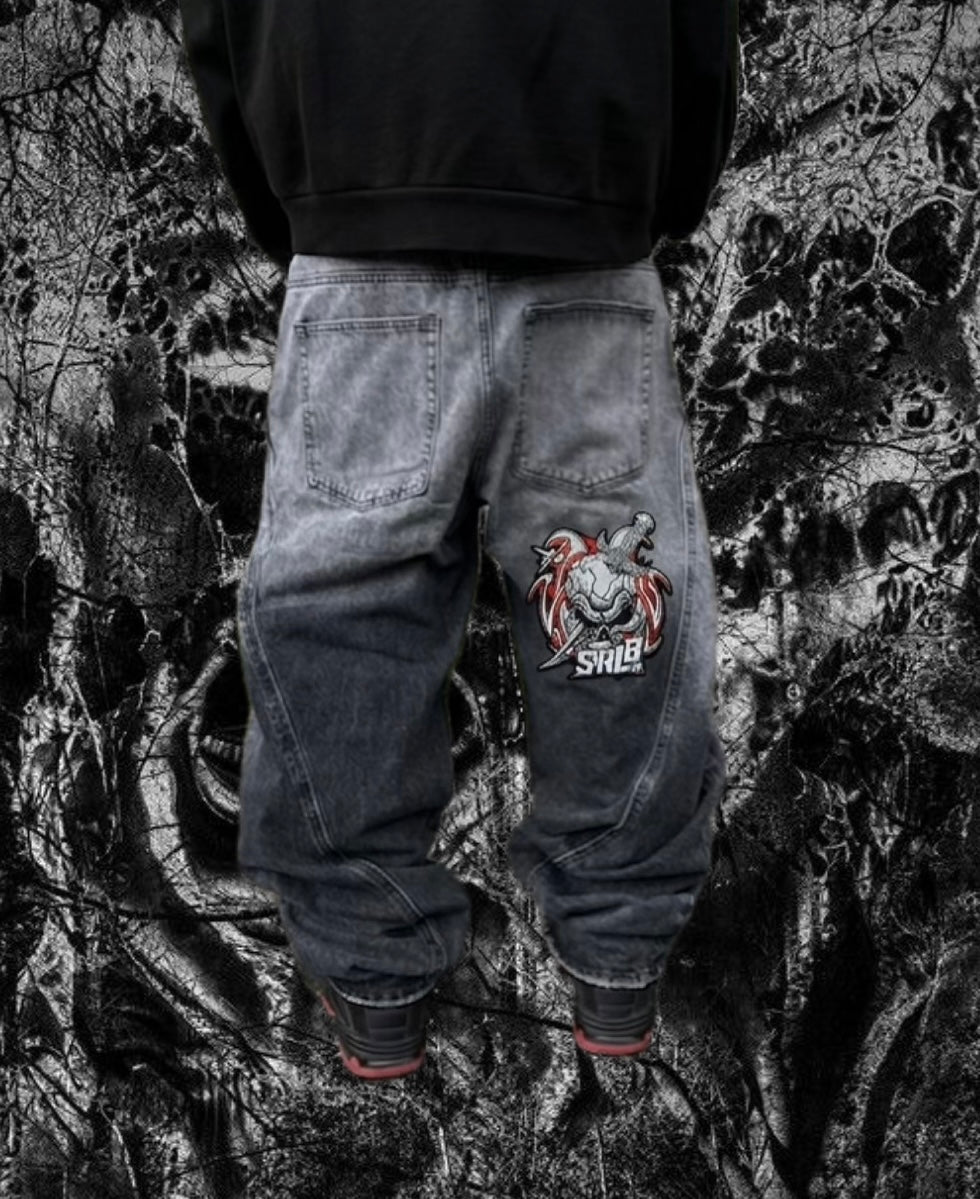 Strlb69 Spiked Skull Mega Ballon Baggy Denim – Acid Wash Grey to Black Gradient